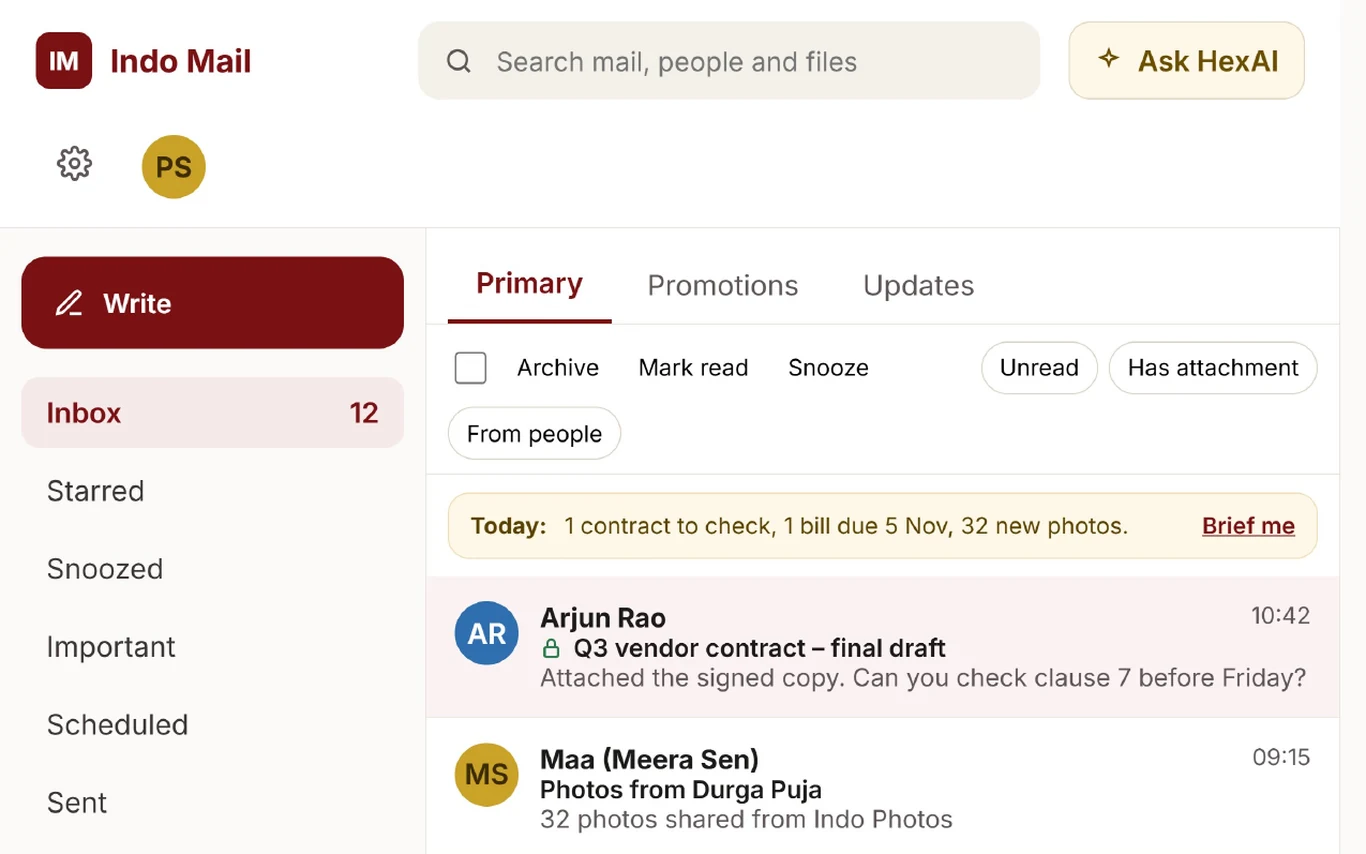Indo Mail inbox with Primary, Promotions and Updates tabs, labels and search