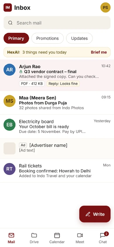 Indo Mail inbox on a phone screen